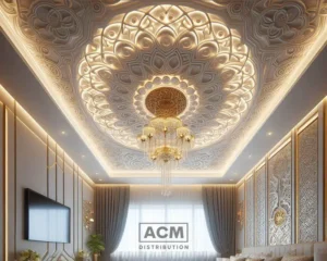 Ornate decorative ceiling with intricate patterns and gold chandelier in a luxurious modern bedroom