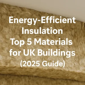 Energy-efficient insulation promotional graphic with icons and UK building outline