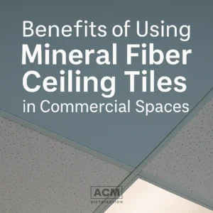 Mineral fiber ceiling tiles installed in a modern commercial interior, with soft lighting and a suspended ceiling design