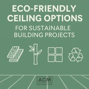 Digital graphic features text on eco-friendly ceiling options with icons for reclaimed wood, bamboo, cork, and recycled materials.