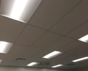 Installed drop ceiling with rectangular acoustic tiles and integrated fluorescent lighting panels