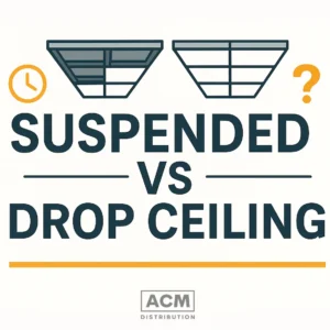 Illustration comparing a suspended ceiling with a drop ceiling, with labeled grid icons and bold text