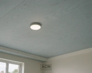DIY plywood ceiling painted white in a UK studio