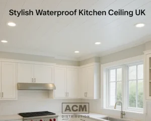 Stylish waterproof kitchen ceiling in a UK flat with industrial design